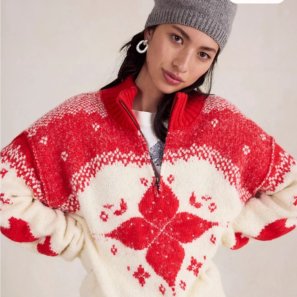 Free People Red and Cream Floral Cowl Sweater